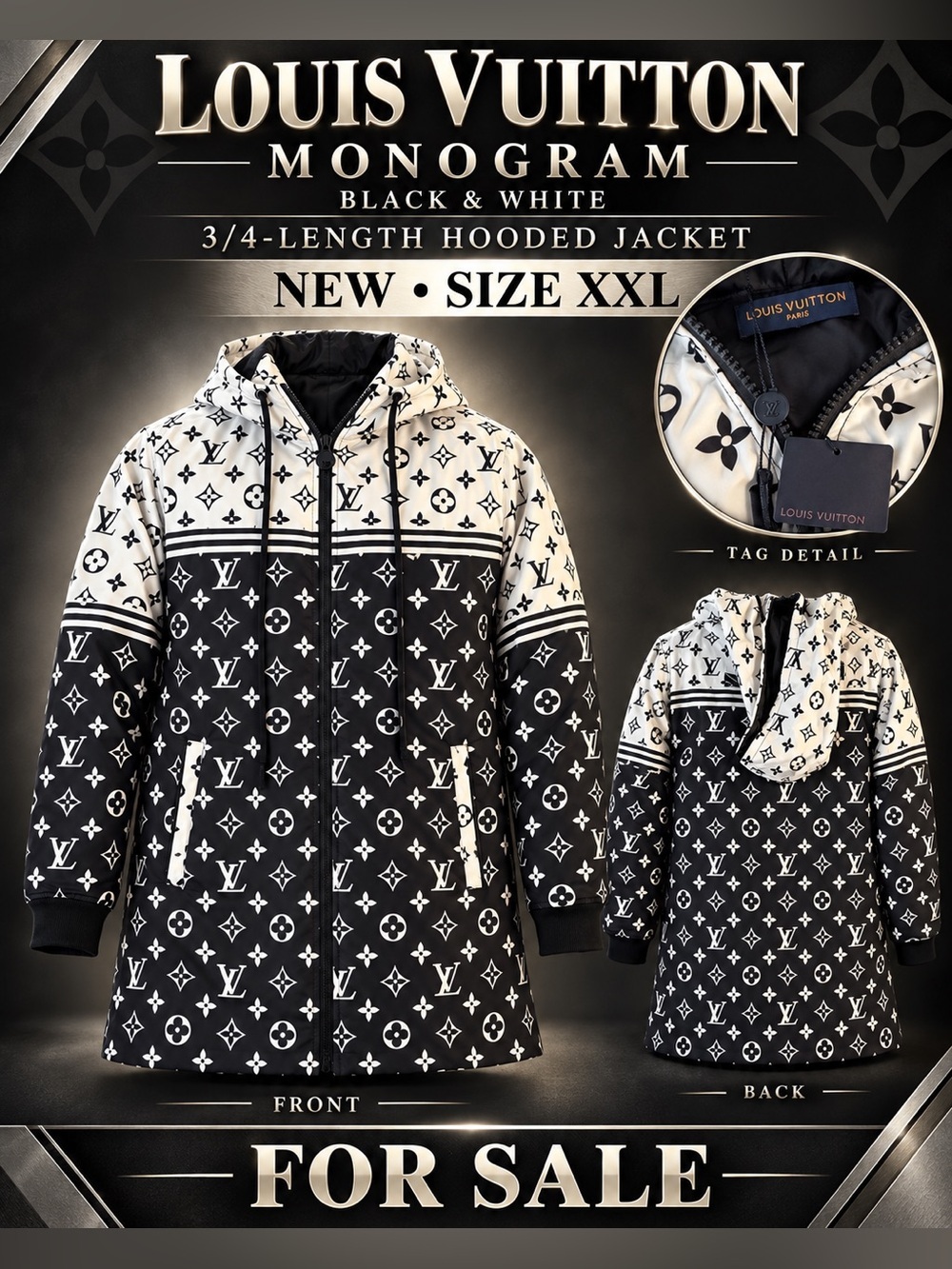 Louis Vuitton Black and White 3/4 Hooded Jacket🔥New! XXL
